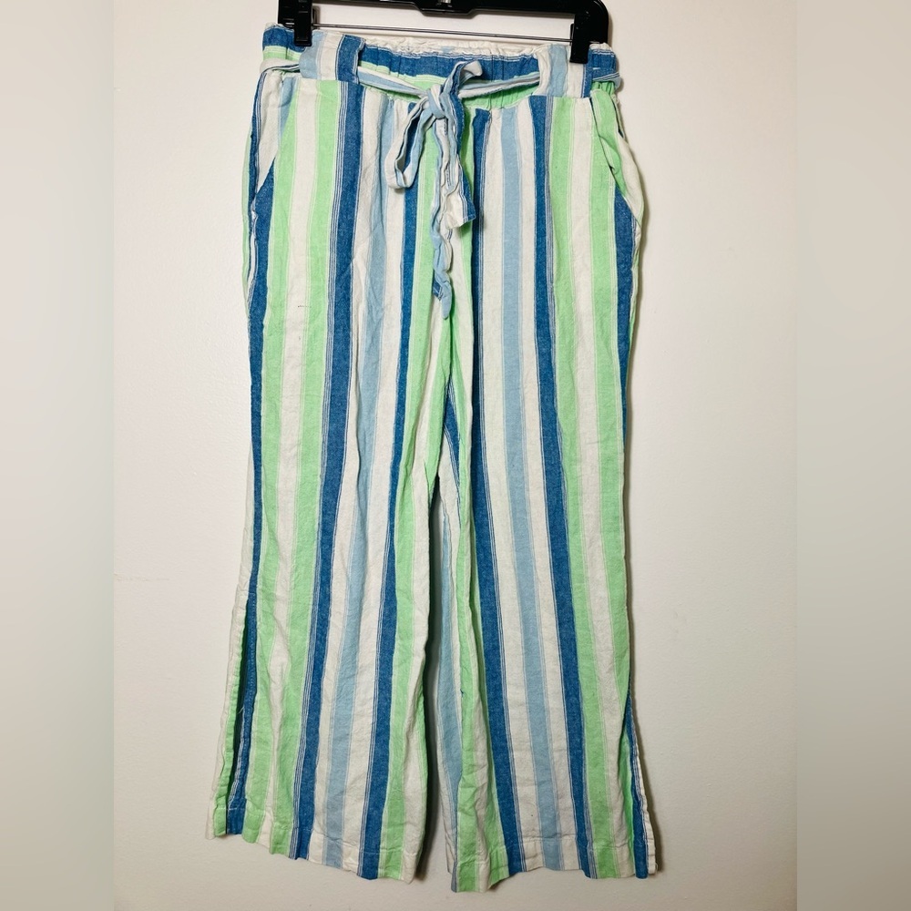Indigo Rain 100%‎ Linen Wide Leg Pants Pull On Belted Split Hem Sz Large Striped